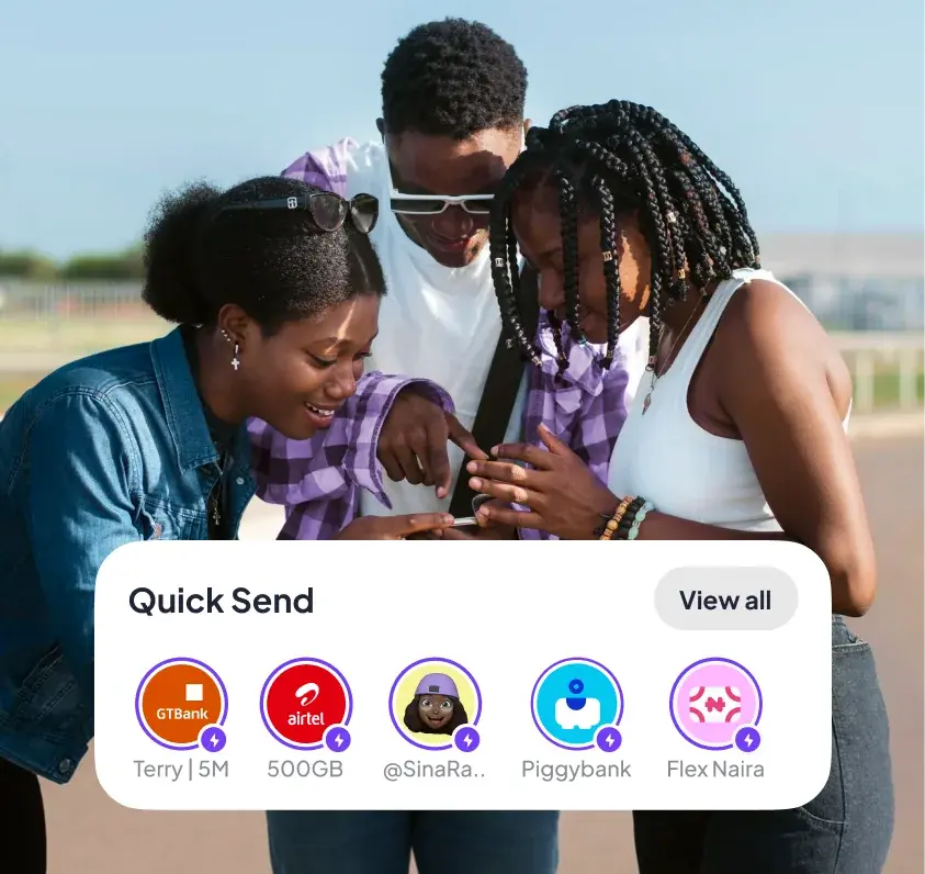 Quick Send shortcuts to recent people and wallets over a photograph of friends looking at a phone.