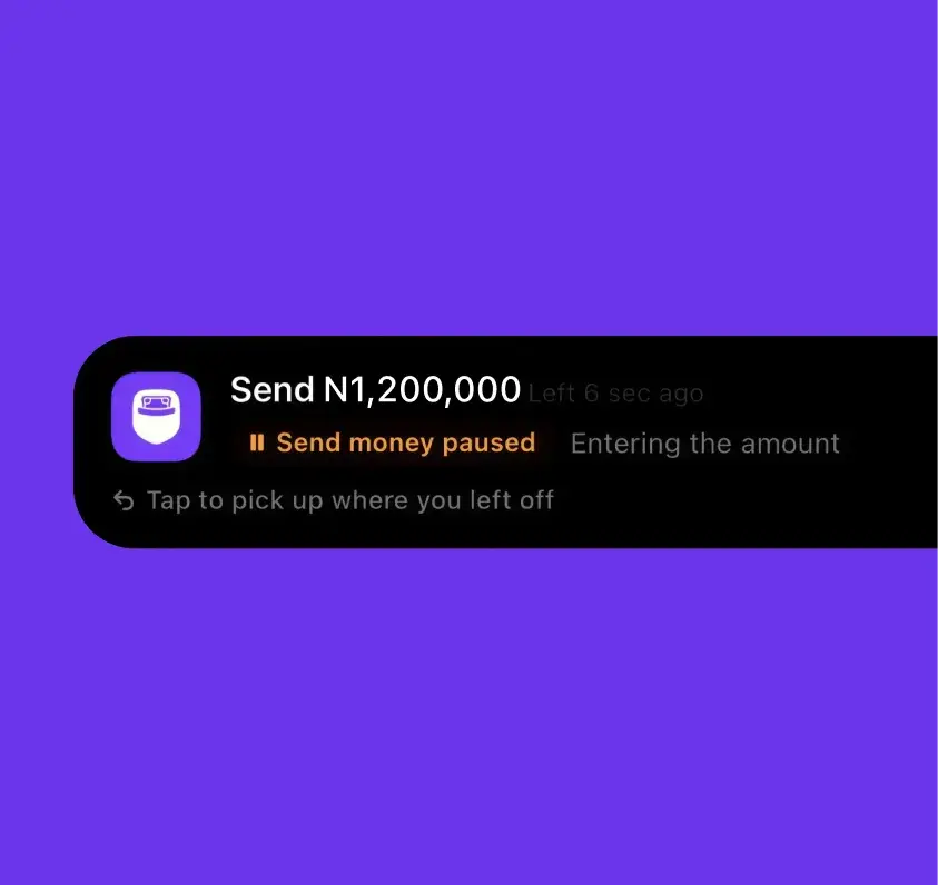PocketApp Live Activity showing a paused ₦1,200,000 transfer ready to resume.