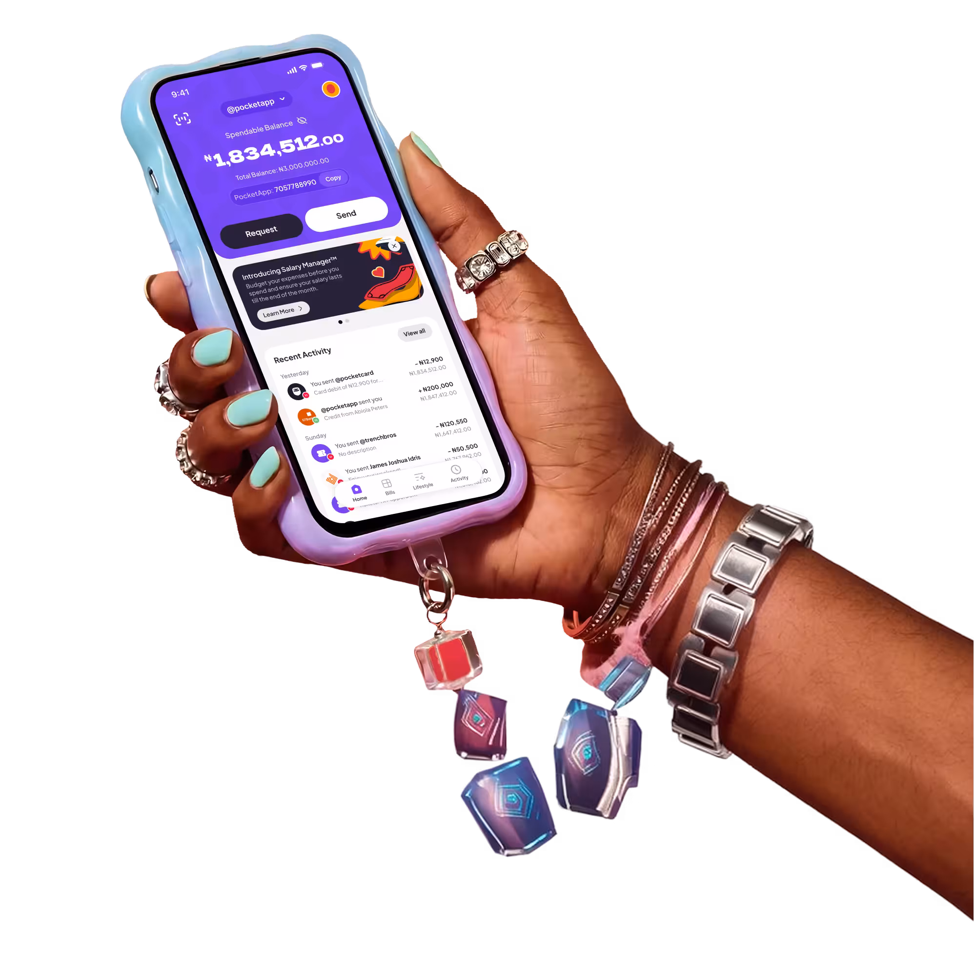 A hand holding a phone showing PocketApp